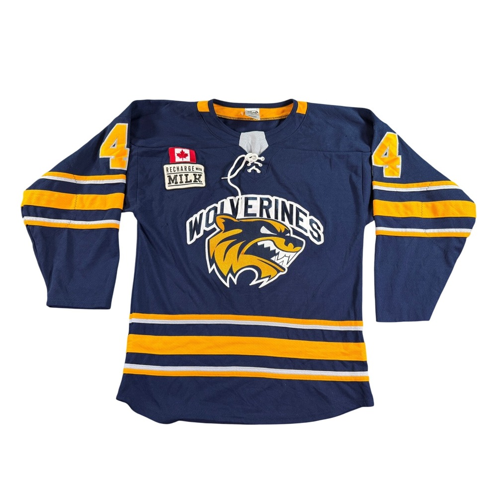 AK Wolverines Hockey Jersey Mens Small‎ Navy Blue Lace Up Canada Milk Patch 44